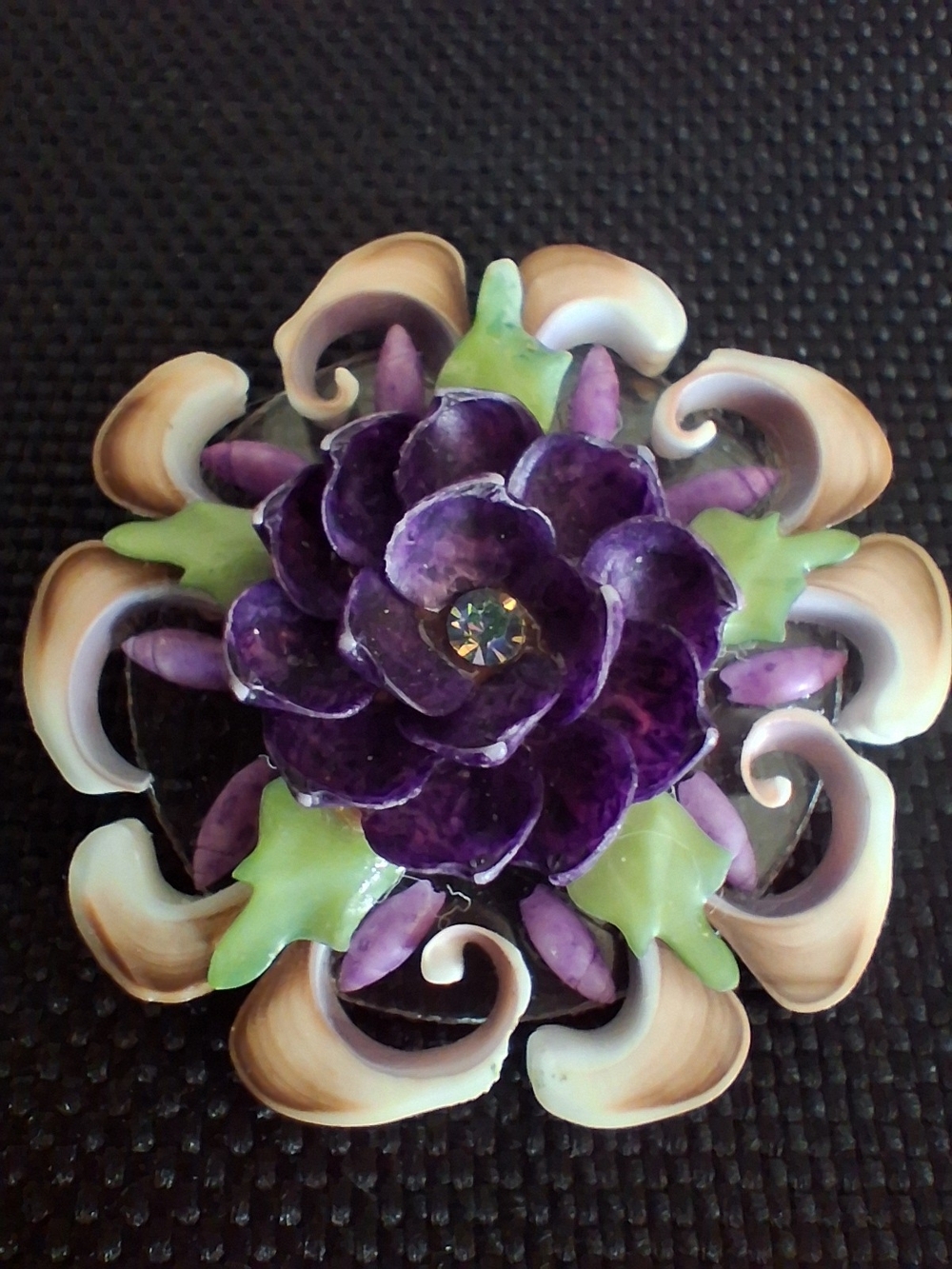 Vintage Unique Hand-Carved Shell Purple Flower Brooch